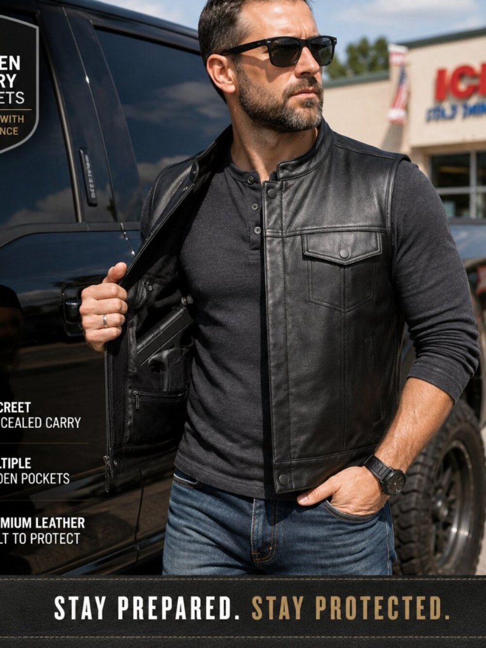 Men's Leather Concealed Carry Vest Hidden Gun Pockets Snap Front CCW Club Style